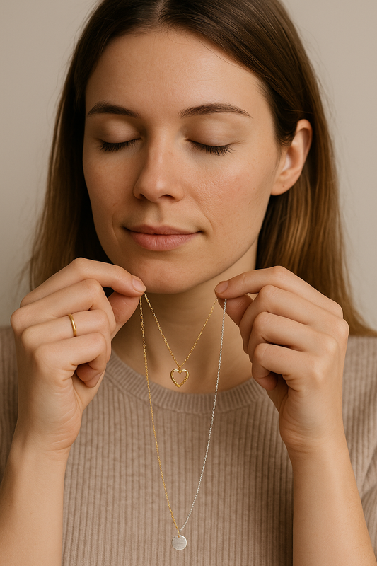 Kvinna håller upp två halsband – ett i guld och ett i silver – för att jämföra smycken mot sin hudton och stil